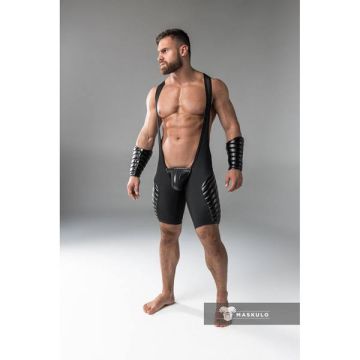  Maskulo Armored Men's Fetish Wrestling Singlet - Zwart